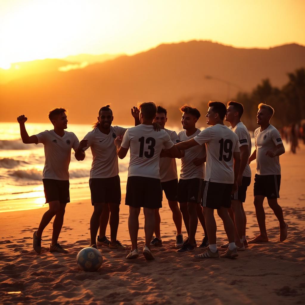 Time celebrando na praia ao pôr do sol